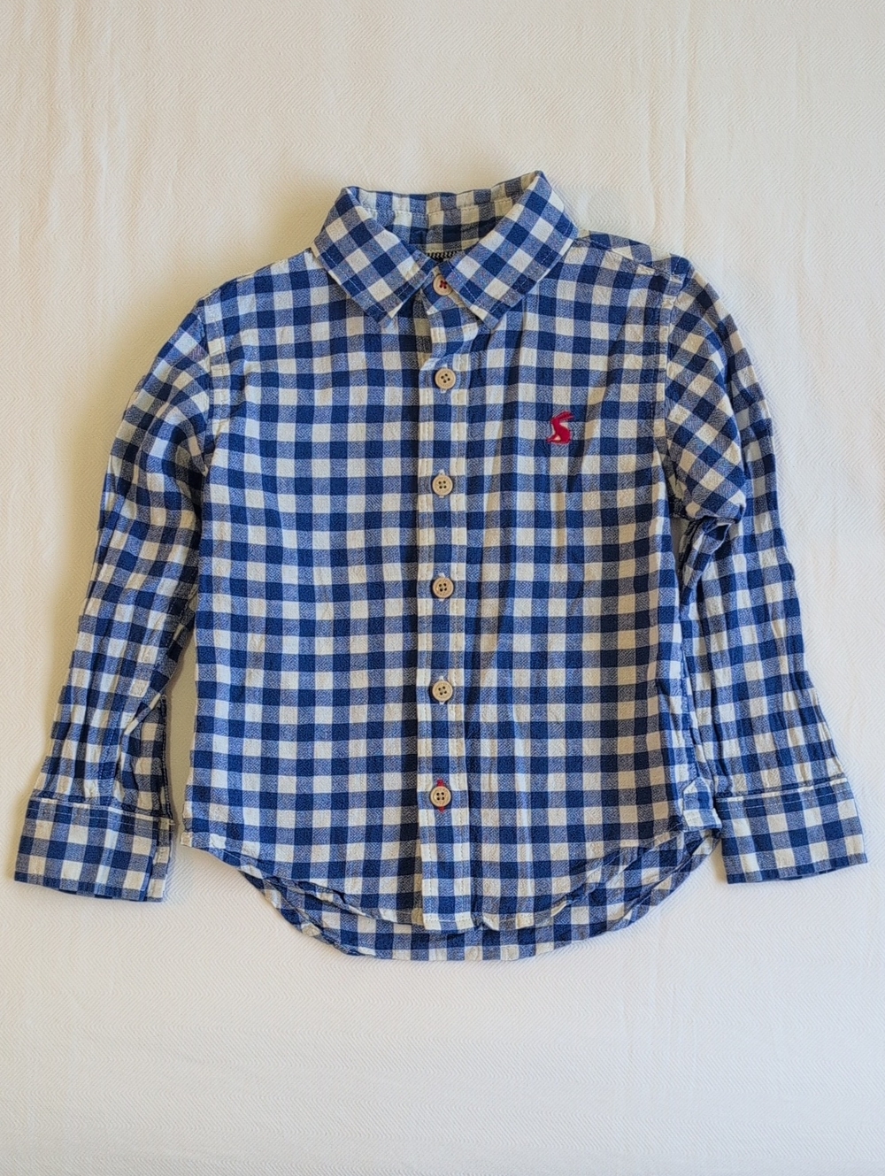 Joules Boys Blue Gingham Linen Cotton Button Down Shirt Hare Logo 4Y